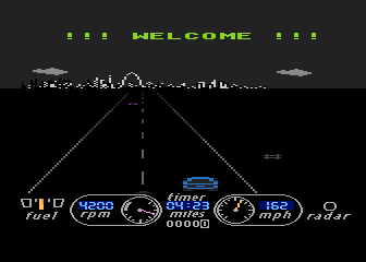 The Great American Cross-Country Road Race (Atari 8-bit) screenshot: Arriving at St. Louis at night