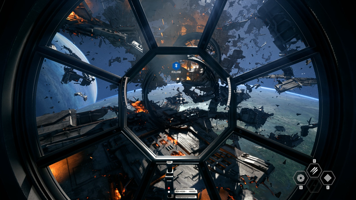 Star Wars: Battlefront II (Windows) screenshot: Flying through Death Star debris.