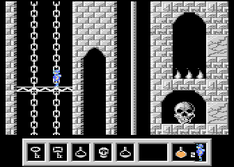 Deimos (Atari 8-bit) screenshot: Moving up on the chain platform