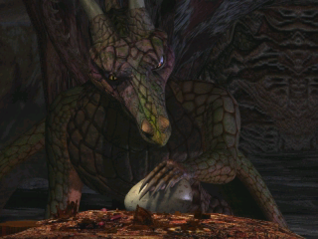 Might and Magic VIII: Day of the Destroyer (Windows) screenshot: Cut-scene: the dragon leader vows revenge on the hunters who captured his egg