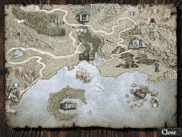 Might and Magic VIII: Day of the Destroyer (Windows) screenshot: The Town Portal map, showing the locations the spell can take the party to