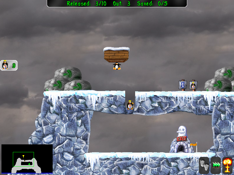 Pingus (Linux) screenshot: This level requires digger penguins.