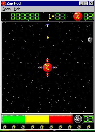 Zap Pod! (Windows) screenshot: It's not just asteroids that have to be destroyed. Often a cannon makes a sneaky appearance at the edge of the screen.