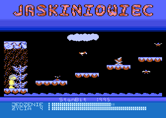 Jaskiniowiec (Atari 8-bit) screenshot: Climbing platforms