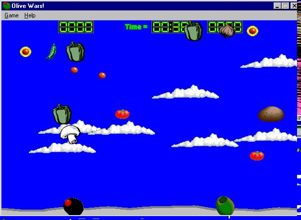 Olive Wars! (Windows) screenshot: A two player game in progress