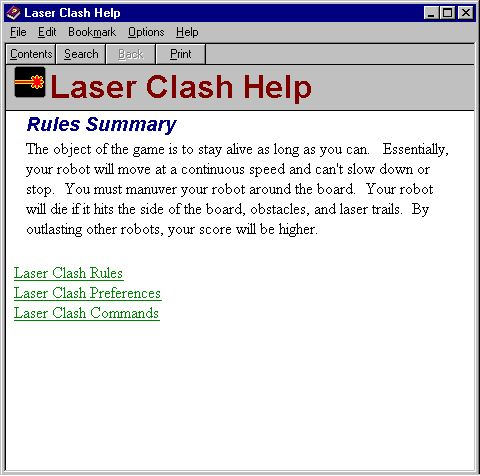 Laser Clash (Windows) screenshot: There is a more detailed in-game help file which also opens in a separate window