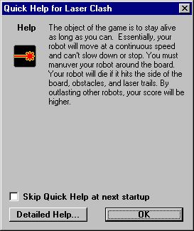 Laser Clash (Windows) screenshot: This is the optional 'Quick Help' screen that is displayed in a small window when the game loads