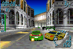 Need for Speed: Underground (Game Boy Advance) screenshot: Meanwhile, one of the rival cars collides with a bus, leaving all the advantage for you!