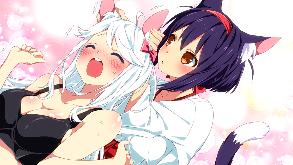 Sakura Shrine Girls (Windows) screenshot: Nayoko asked me to scratch her ears, to her surprise Kayo takes over. Her ears are really sensitive though, almost in an erotic kind of way, something Kayo knew of course.
