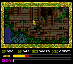 Ys IV: The Dawn of Ys (TurboGrafx CD) screenshot: I've turned into a cute yellow monster! Now enemies won't attack me, and I can talk to them. Note the moody weather effects in this cool location: stairwells on a tree