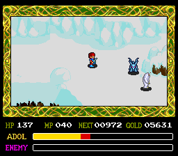 Ys IV: The Dawn of Ys (TurboGrafx CD) screenshot: Snowy region. Snowmen and little blue dragons attack