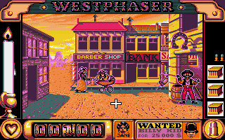 West Phaser (Amiga) screenshot: Outlaw executes a manly leap from his saddl...er, baby carriage