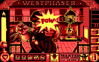 West Phaser (DOS) screenshot: Outta my personal space, clown-pants (EGA)