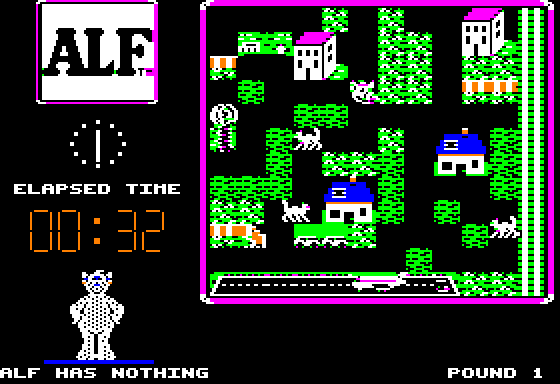 ALF: The First Adventure (Apple II) screenshot: Try to catch the very quick cats...