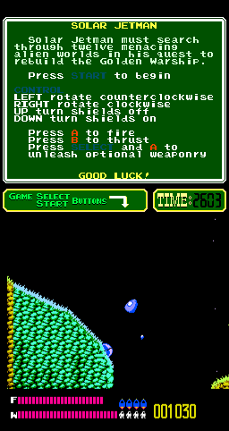 Solar Jetman: Hunt for the Golden Warpship (Arcade) screenshot: Watch the defences.