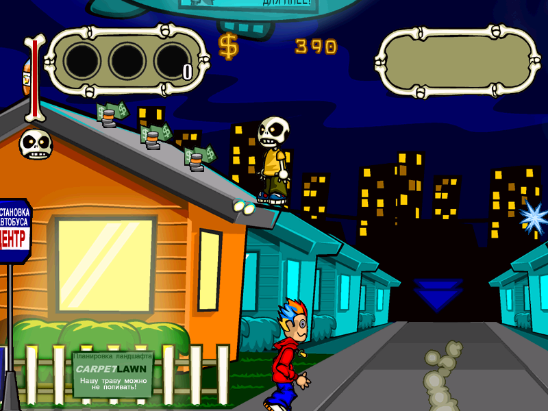 Hateful Chris: Never Say Buy (Windows) screenshot: This spot on the roof will always regenerate money and drinks to refill the player's health.