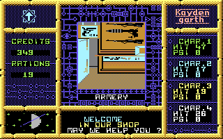 Kayden Garth (Commodore 64) screenshot: Buying equipment in the armery [sic]