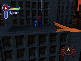 Spider-Man 2: Enter: Electro (PlayStation) screenshot: Spider-Man is swinging