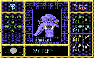 Kayden Garth (Commodore 64) screenshot: Random encounter with one of the many types of enemy