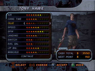 Tony Hawk's Pro Skater 2 (PlayStation) screenshot: You can spend your cash in stats.