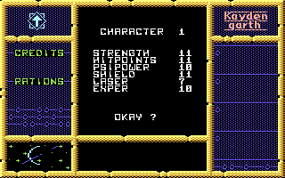 Kayden Garth (Commodore 64) screenshot: Character generation: note that the attributes differ from the Atari ST version.
