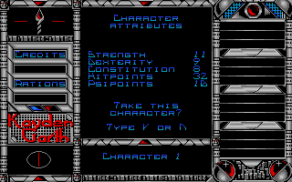 Kayden Garth (Atari ST) screenshot: Character generation: note that the attributes differ from the Commodore 64 version.