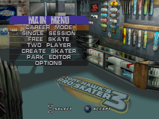 Tony Hawk's Pro Skater 3 (PlayStation) screenshot: Main menu.