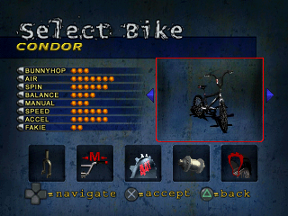 Mat Hoffman's Pro BMX (PlayStation) screenshot: Selecting your bike and gear equipment.
