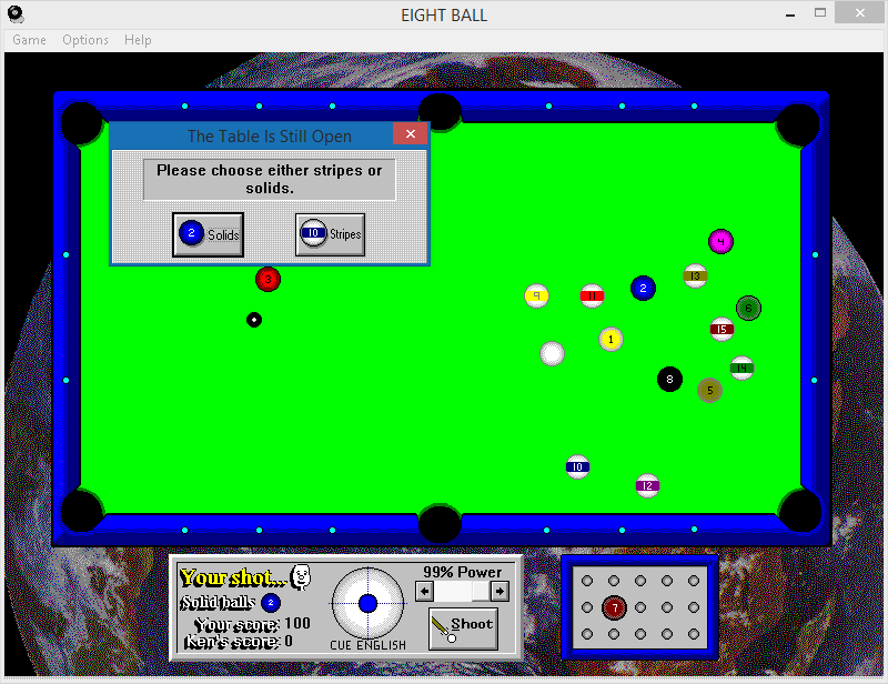 Multimedia Pool (Windows 3.x) screenshot: Choose either stripes or solids.
