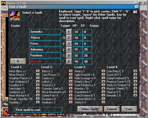 Blades of Exile (Windows 3.x) screenshot: About to cast a cleric class spell.