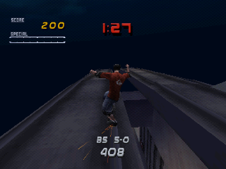 Tony Hawk's Pro Skater 2 (PlayStation) screenshot: In NY city: you need to buy more stats to do this grind.
