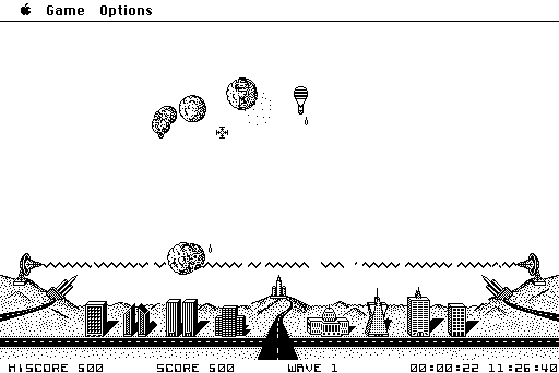 MacCommand (Macintosh) screenshot: Balloons are getting fired at