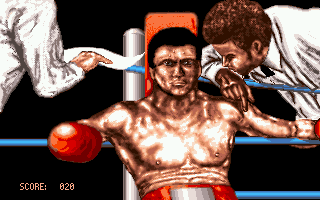 Ringside (Amiga) screenshot: Minigame between rounds: rhythmically move the joystick up and down to recover energy.