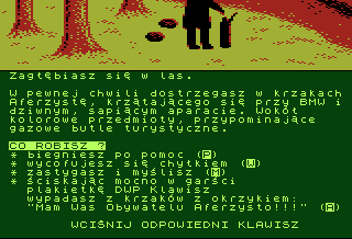 07 Zgłoś Się (Atari 8-bit) screenshot: Swindler in the forest