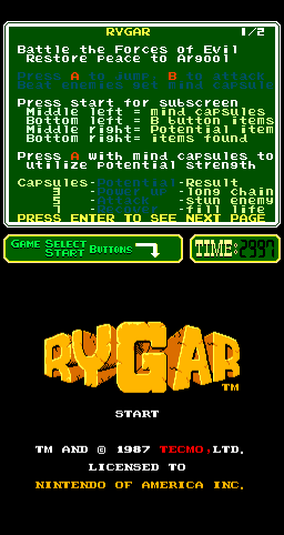 Rygar (Arcade) screenshot: Title Screen.