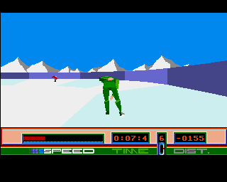 Winter Supersports 92 (Amiga) screenshot: Bale jumping and skating are vector type events where you have to in a constant rhythm move your joystick left and right.