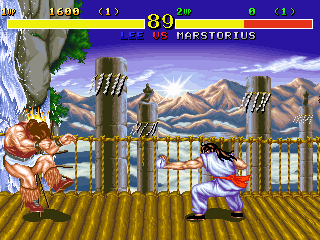 Fighter's History (Arcade) screenshot: Hard hit - opponent on the wall