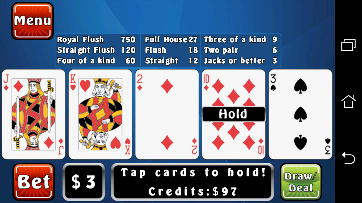 Poker Fever (Android) screenshot: Select a few cards to hold.