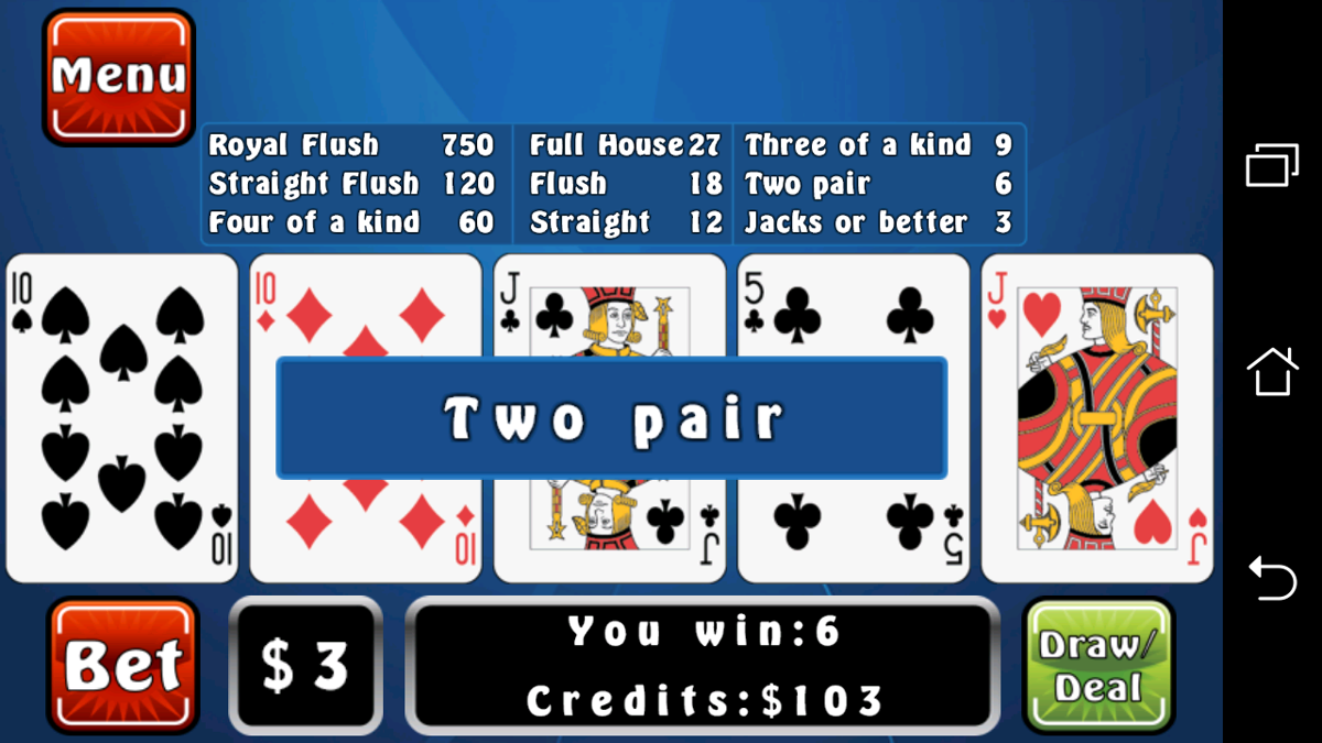 Poker Fever (Android) screenshot: Two pairs.