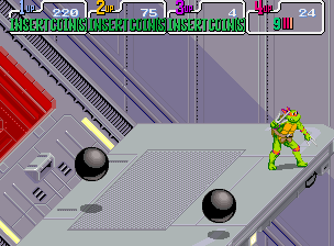 Teenage Mutant Ninja Turtles (Arcade) screenshot: Moving platform and the falling balls