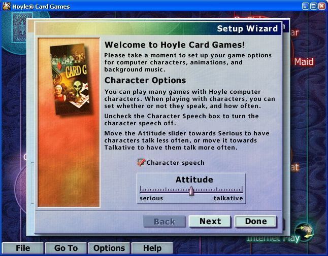 Hoyle Card Games (Windows) screenshot: When the game is run for the first time after it's installation it takes the player through some configuration questions. Later questions deal with animations and background music