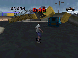 Tony Hawk's Pro Skater 3 (PlayStation) screenshot: Poor ice cream truck, is being smashed by the tower.