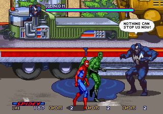 Spider-Man: The Videogame (Arcade) screenshot: Venom has joined the party.