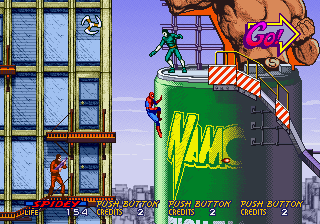 Spider-Man: The Videogame (Arcade) screenshot: Wall climbing.