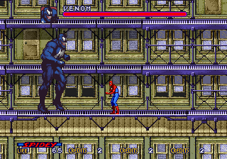 Spider-Man: The Videogame (Arcade) screenshot: Fighting a bigger Venom.