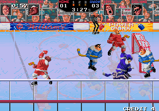 Hit the Ice: The Video Hockey League (Arcade) screenshot: Keeper looks upset.