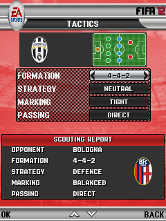 FIFA 12 (J2ME) screenshot: Tactics