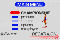 Fila Decathlon (Game Boy Advance) screenshot: Main menu