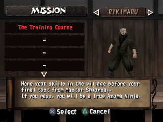 Tenchu 2: Birth of the Stealth Assassins (PlayStation) screenshot: Mission and character select screen