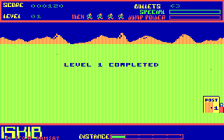 Iskib (DOS) screenshot: End of level post reached